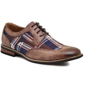 Men's Spectator Tweed Plaid Two Tone Wingtips Oxfords Perforated Lace Dress